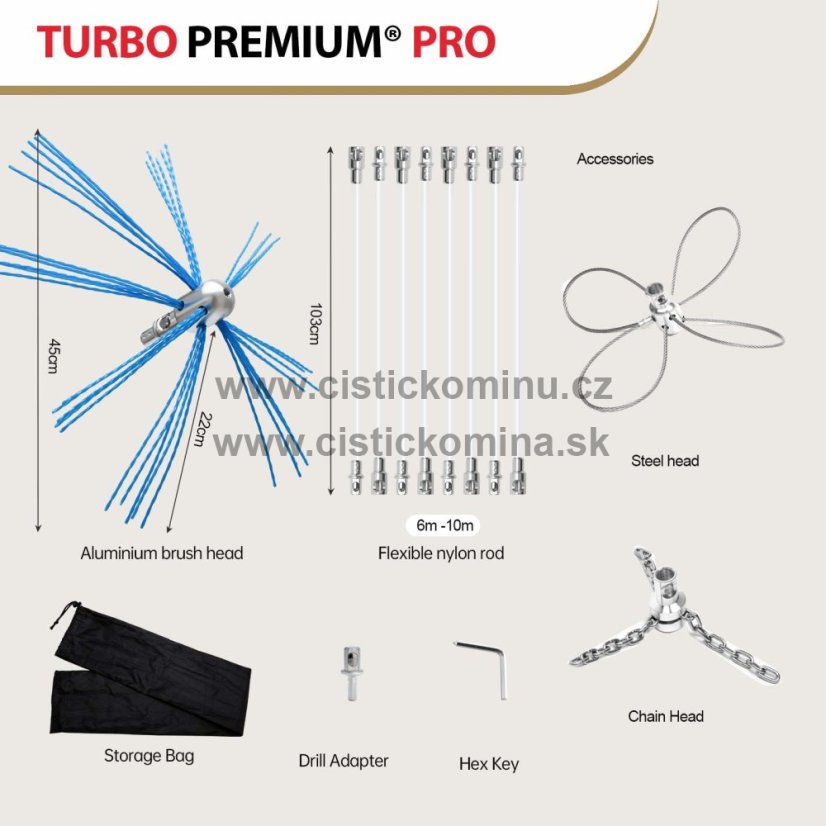 Rotačná kefa na čistenie komína Komplet TURBO Premium® PRO - 10m
